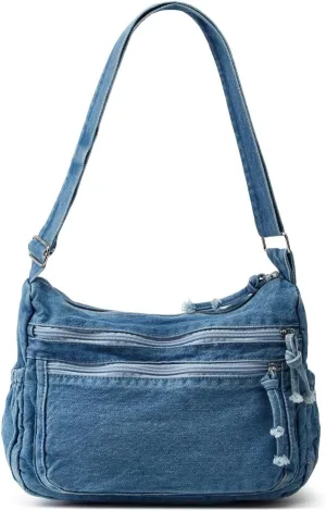 Women's Retro Large Canvas Denim Shoulder Bag Denim Crossbody Handbags Casual Style Lightweight Tote Purse