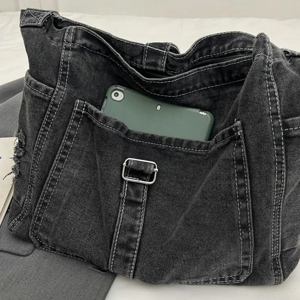 Women's Retro Large Canvas Denim Shoulder Bag Denim Crossbody Handbags Casual Style Lightweight Tote Purse