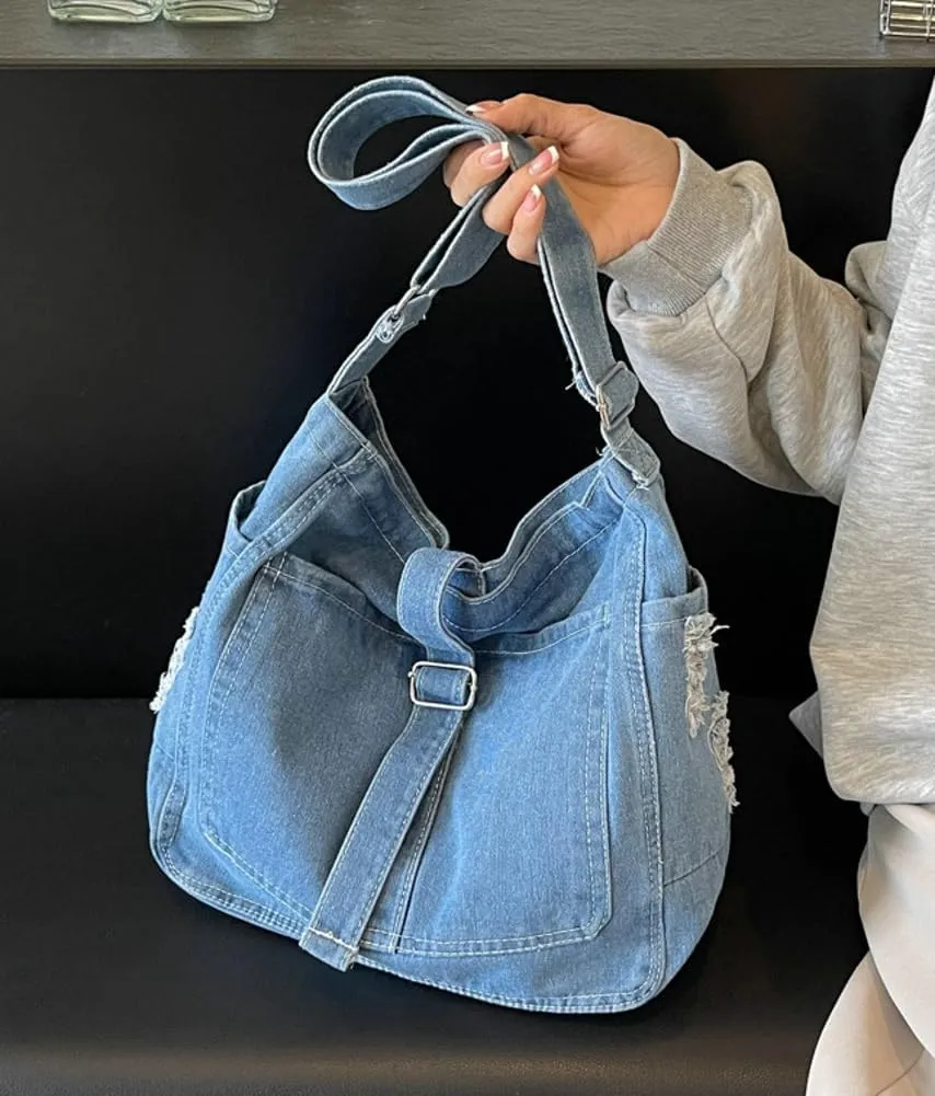 Women's Retro Large Canvas Denim Shoulder Bag Denim Crossbody Handbags Casual Style Lightweight Tote Purse