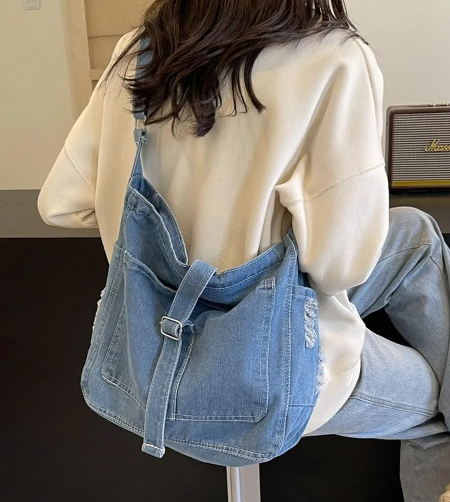 Women's Retro Large Canvas Denim Shoulder Bag Denim Crossbody Handbags Casual Style Lightweight Tote Purse