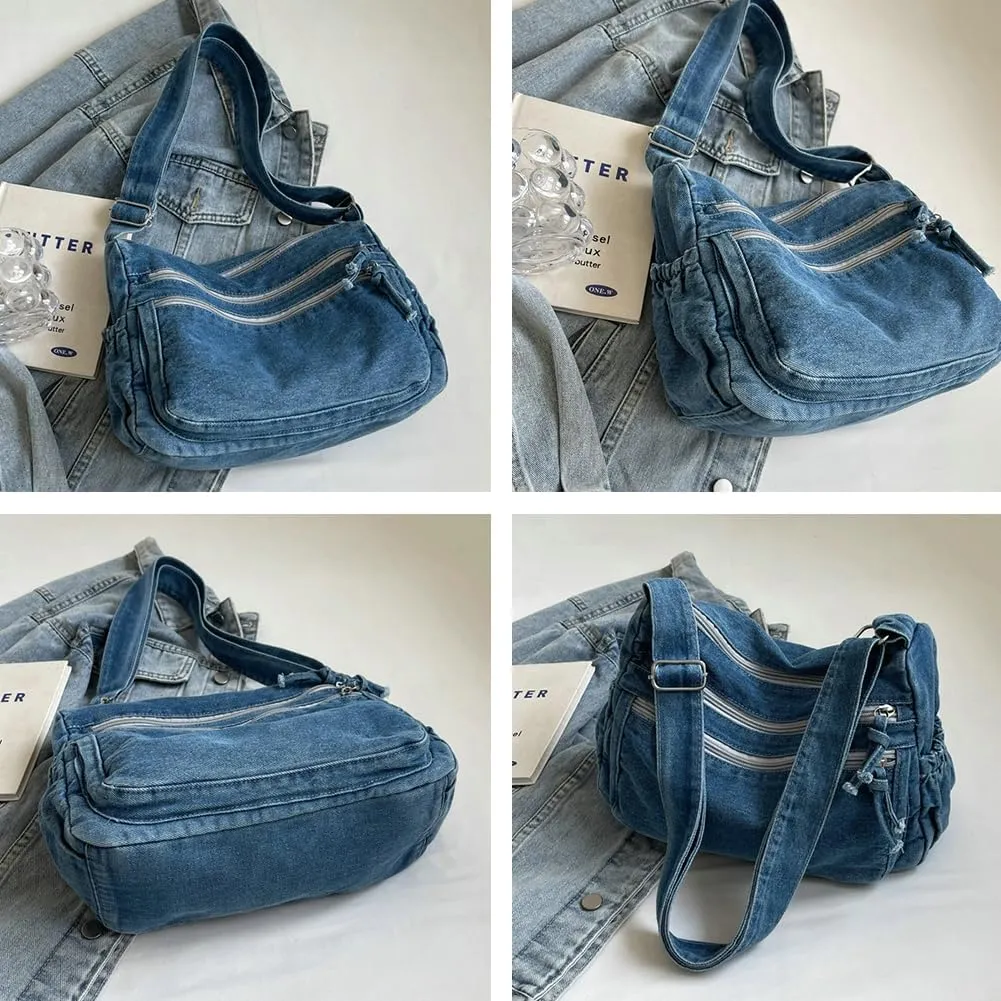 Women's Retro Large Canvas Denim Shoulder Bag Denim Crossbody Handbags Casual Style Lightweight Tote Purse