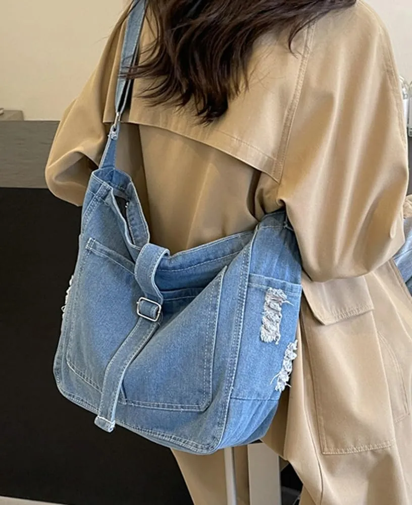 Women's Retro Large Canvas Denim Shoulder Bag Denim Crossbody Handbags Casual Style Lightweight Tote Purse