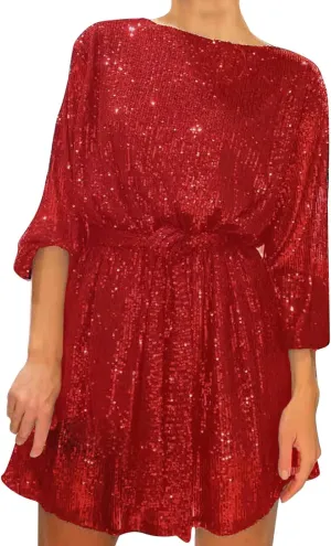 Women's Sequin Saprkly Mini Dress Long Sleeve Homecoming Boat Neck Bodycon Dress Party Prom Cocktail Glitter Dress