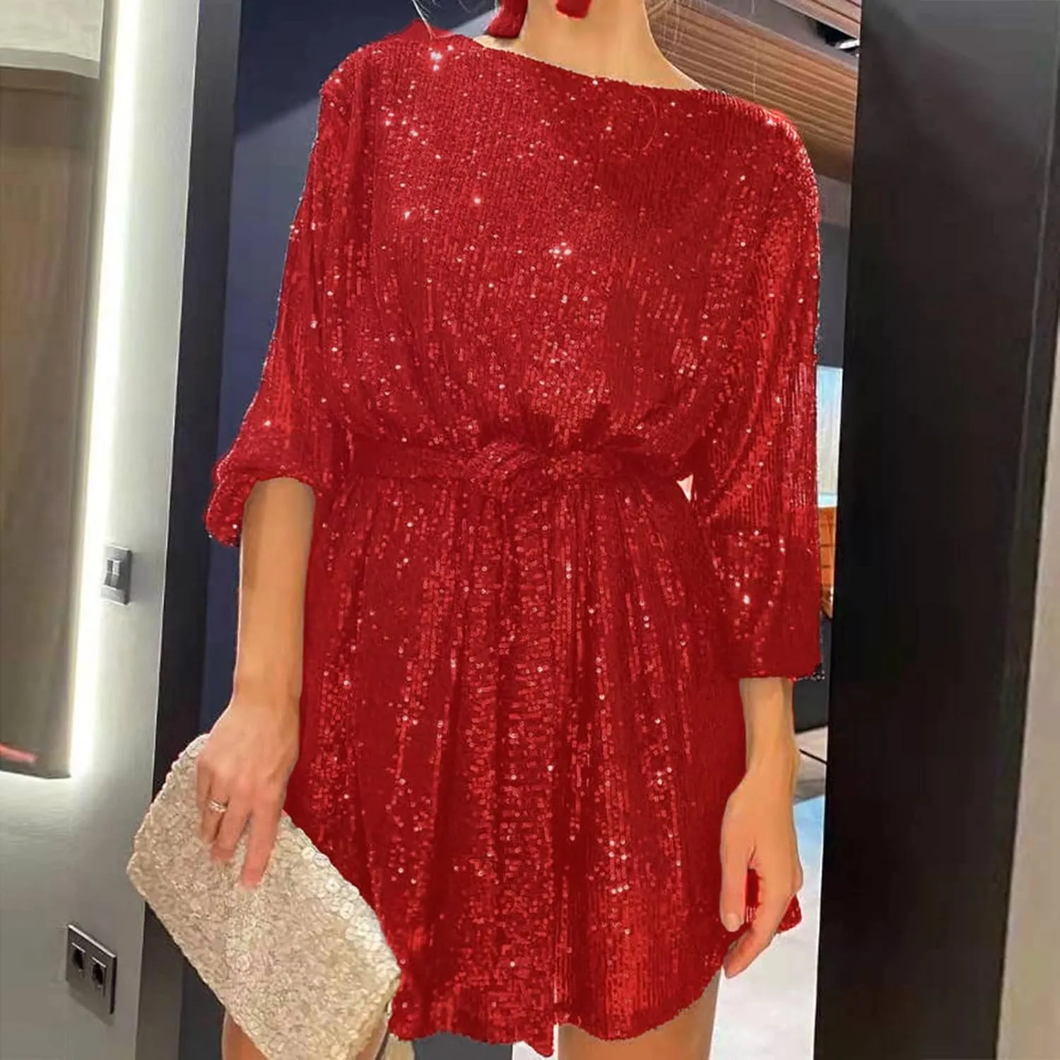 Women's Sequin Saprkly Mini Dress Long Sleeve Homecoming Boat Neck Bodycon Dress Party Prom Cocktail Glitter Dress