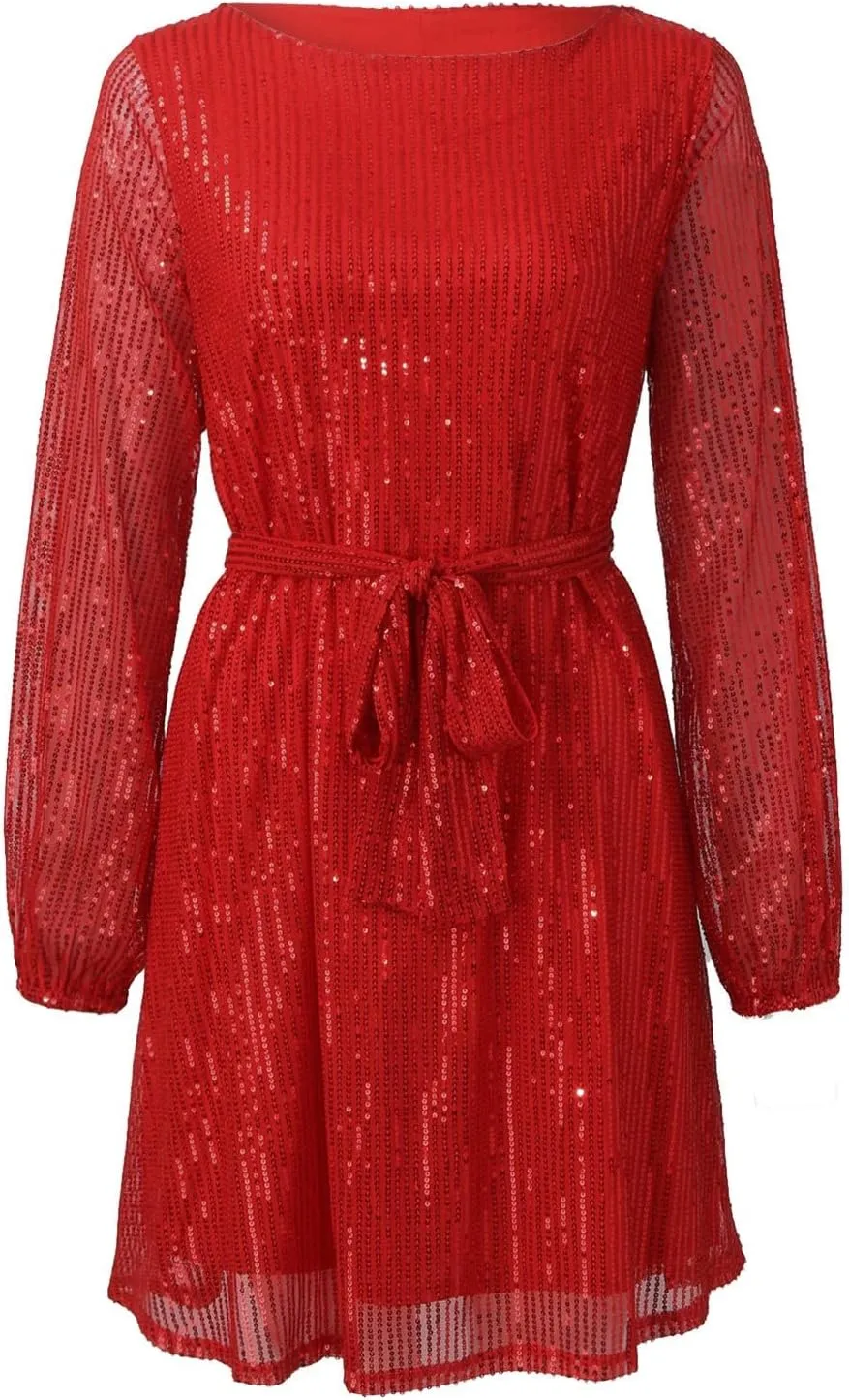 Women's Sequin Saprkly Mini Dress Long Sleeve Homecoming Boat Neck Bodycon Dress Party Prom Cocktail Glitter Dress