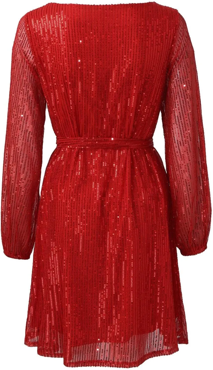 Women's Sequin Saprkly Mini Dress Long Sleeve Homecoming Boat Neck Bodycon Dress Party Prom Cocktail Glitter Dress