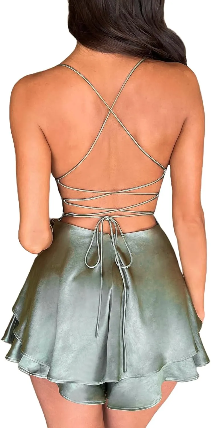 Women's Sexy Backless Short Romper Satin Dress Cowl Neck Tie Ruffle Layer Spaghetti Strap Jumpsuit Beach Mini Dress