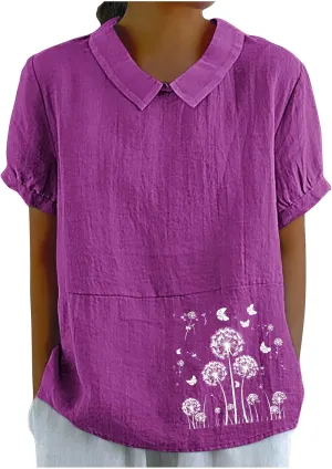 Womens Short Sleeve Linen Shirt Babydoll Collar Blouse Floral Print Linen Tops Plus Size Flowy Tops Dressy Tunic Tops