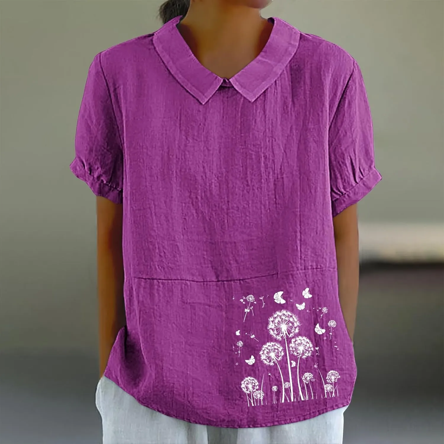 Womens Short Sleeve Linen Shirt Babydoll Collar Blouse Floral Print Linen Tops Plus Size Flowy Tops Dressy Tunic Tops