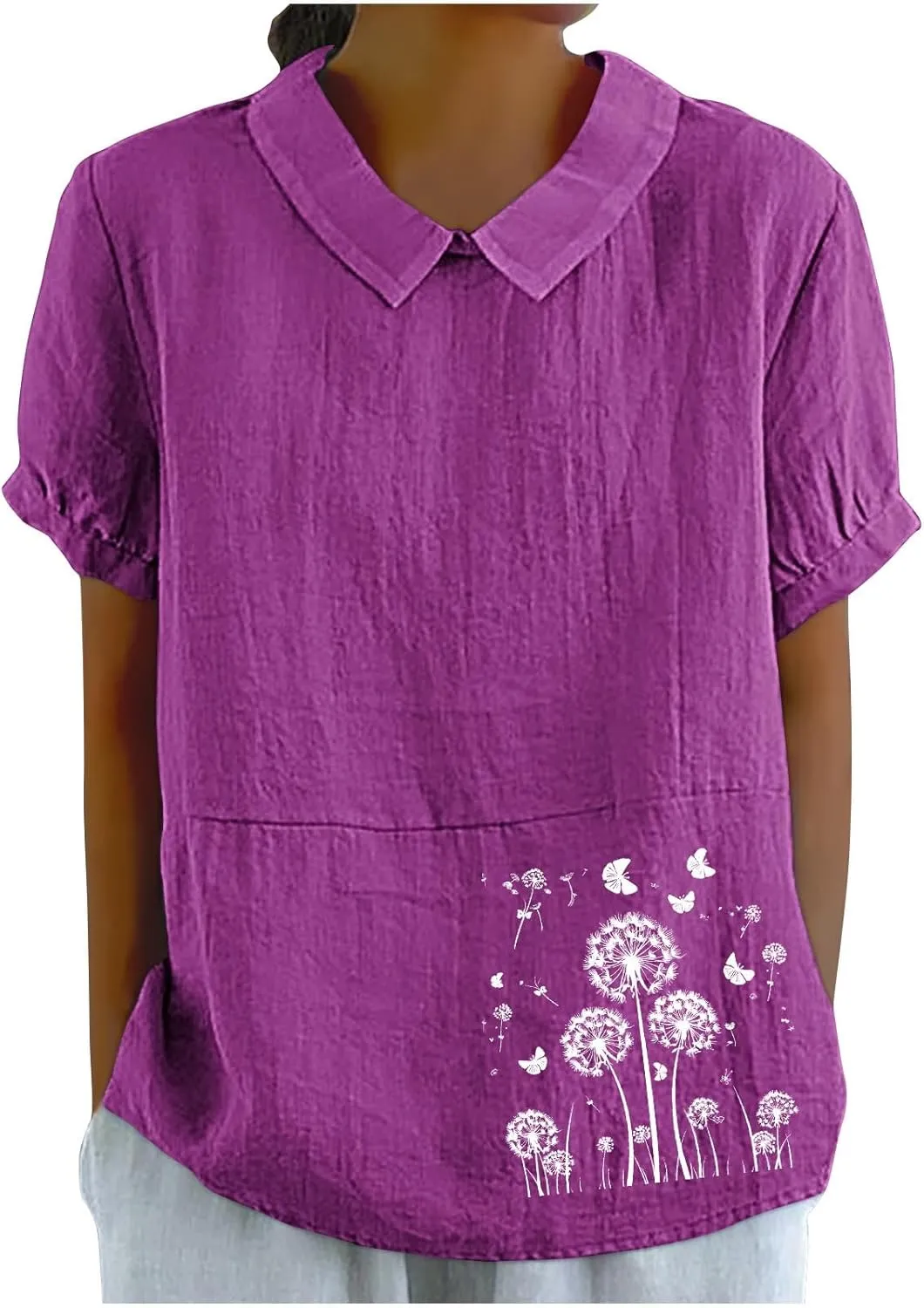 Womens Short Sleeve Linen Shirt Babydoll Collar Blouse Floral Print Linen Tops Plus Size Flowy Tops Dressy Tunic Tops