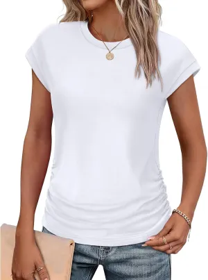Womens Short Sleeve V Neck Dolman Tops Loose Fit Blouse Shirts Summer Business Tunic T Shirts with Side Shirring