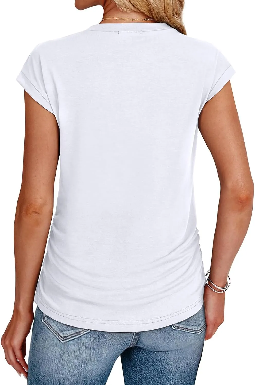 Womens Short Sleeve V Neck Dolman Tops Loose Fit Blouse Shirts Summer Business Tunic T Shirts with Side Shirring