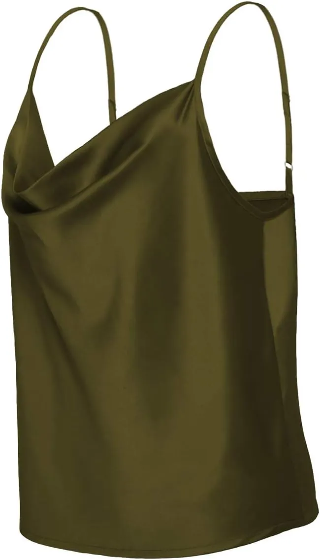 Women's Silk Satin Camisole Cowl Neck Tank Top Cami Silky Basic Tank Shirt Blouses