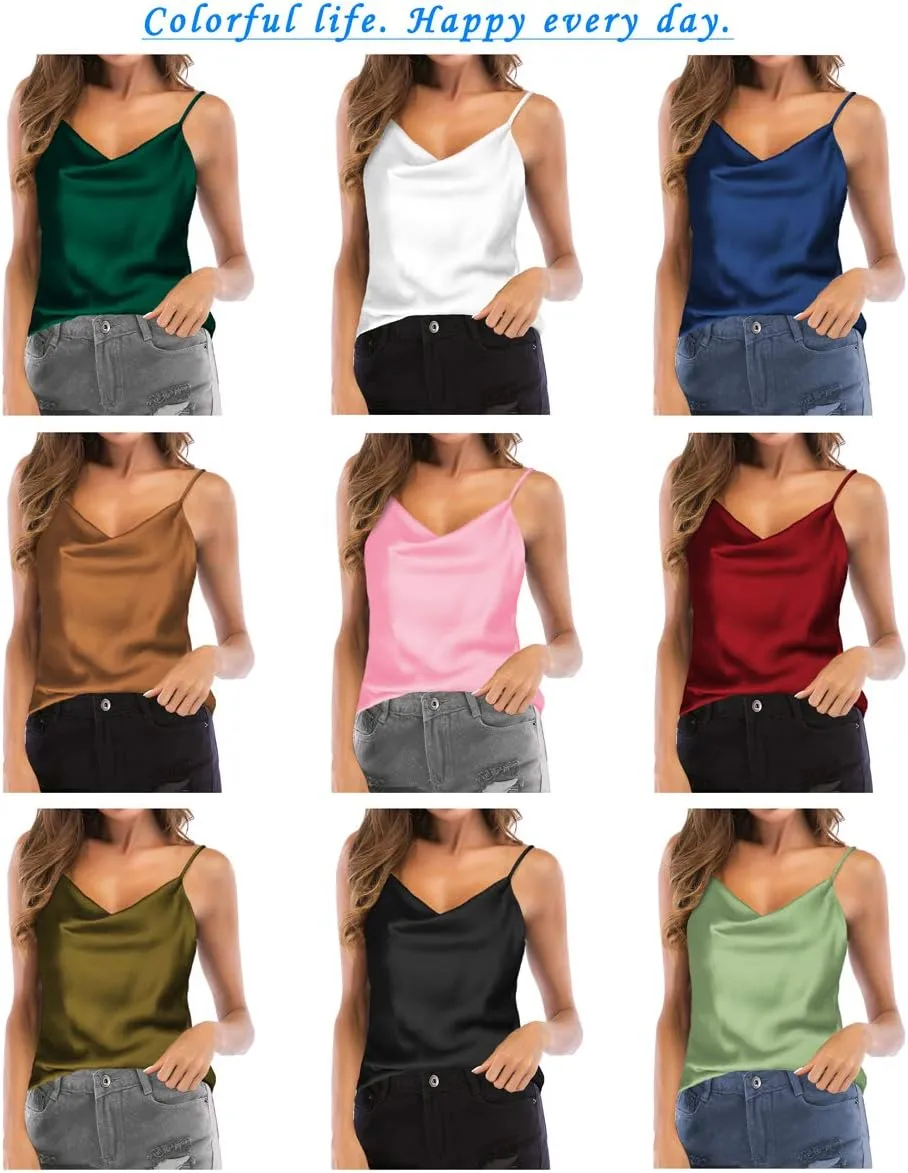Women's Silk Satin Camisole Cowl Neck Tank Top Cami Silky Basic Tank Shirt Blouses