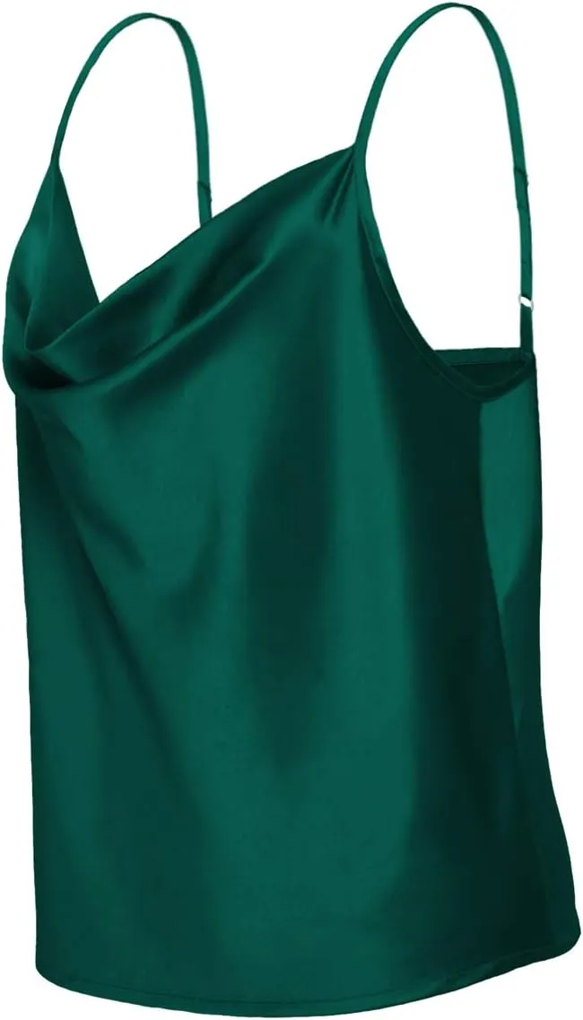 Women's Silk Satin Camisole Cowl Neck Tank Top Cami Silky Basic Tank Shirt Blouses
