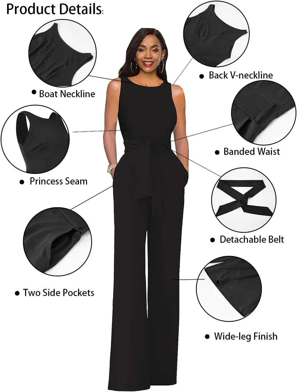 Womens Sleeveless Belted High Waist Wide Leg Jumpsuits with Pockets