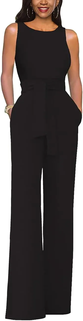Womens Sleeveless Belted High Waist Wide Leg Jumpsuits with Pockets