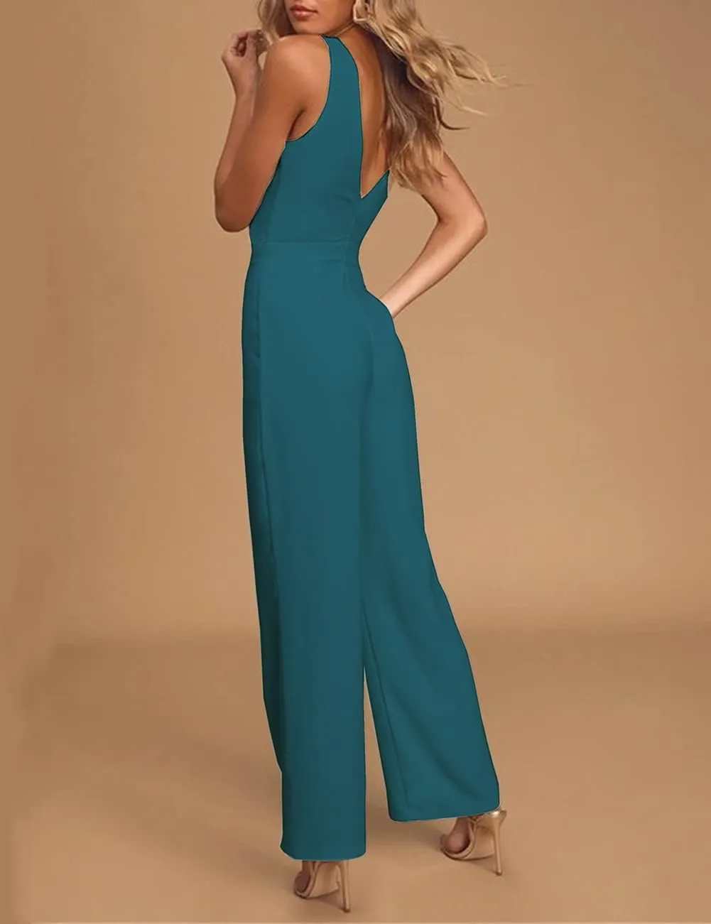 Womens Sleeveless Belted High Waist Wide Leg Jumpsuits with Pockets
