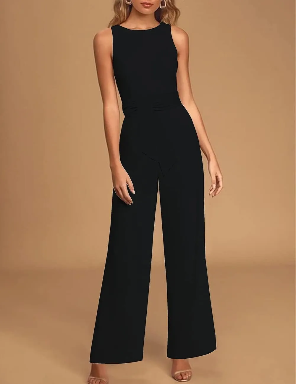 Womens Sleeveless Belted High Waist Wide Leg Jumpsuits with Pockets