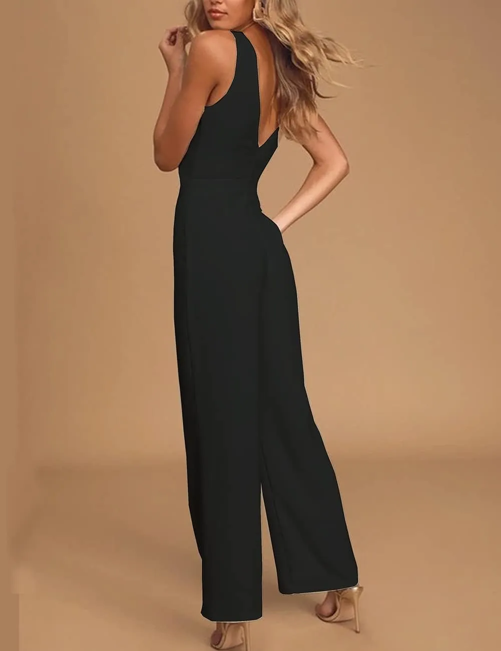 Womens Sleeveless Belted High Waist Wide Leg Jumpsuits with Pockets