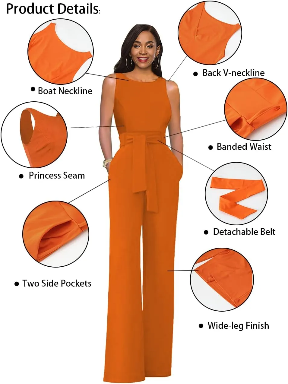 Womens Sleeveless Belted High Waist Wide Leg Jumpsuits with Pockets