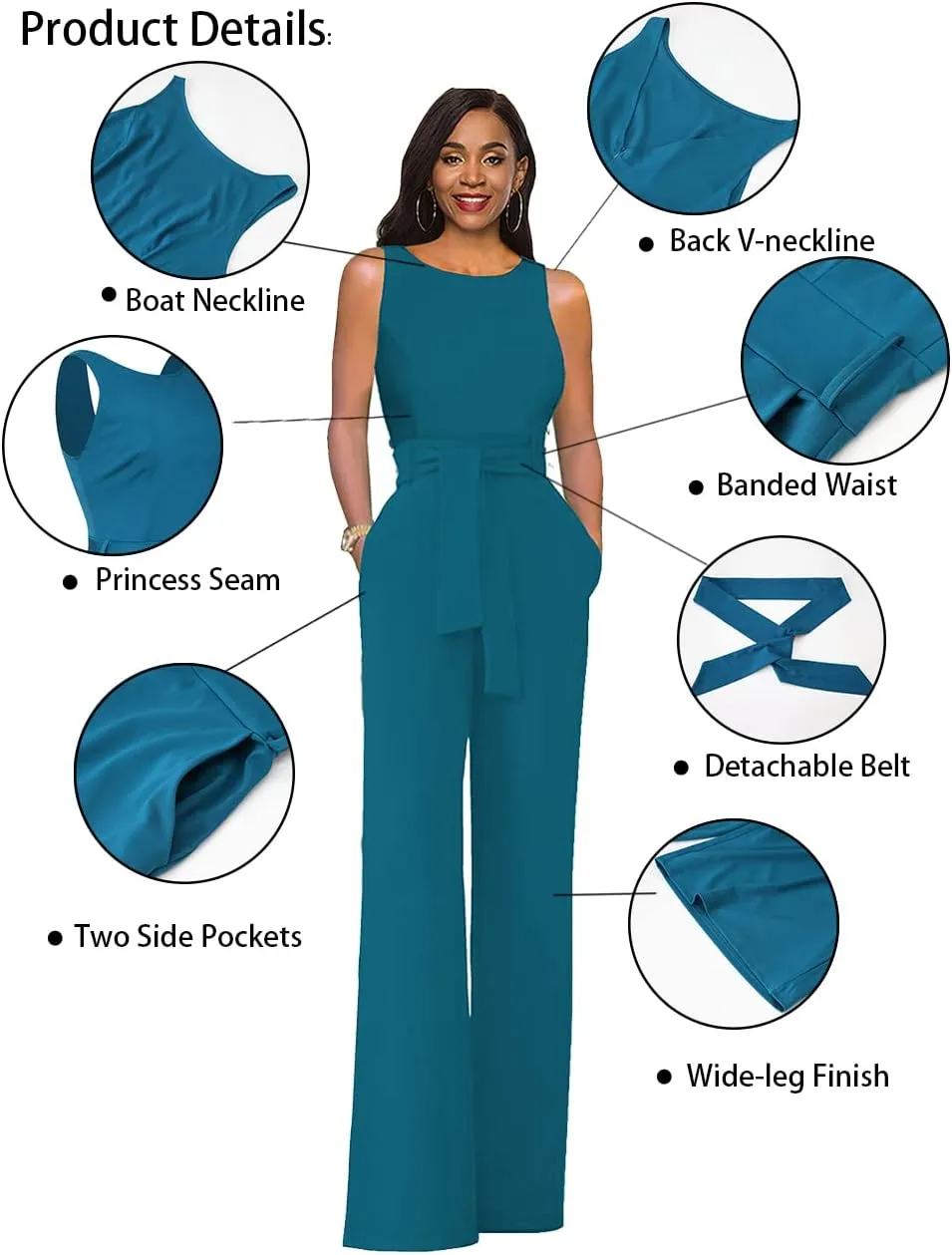 Womens Sleeveless Belted High Waist Wide Leg Jumpsuits with Pockets