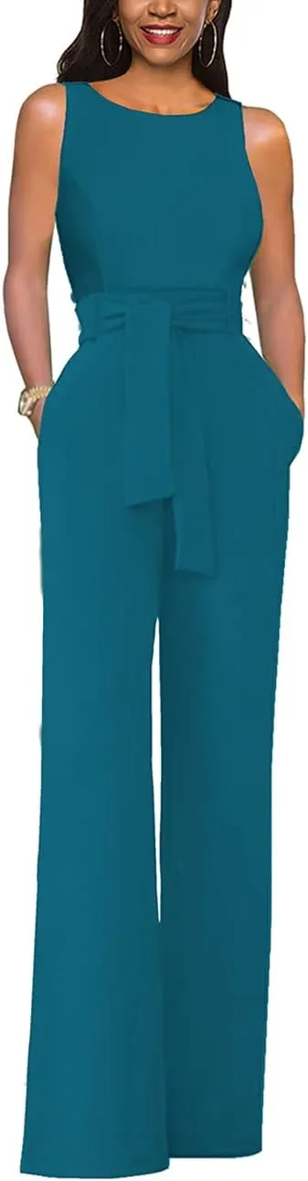 Womens Sleeveless Belted High Waist Wide Leg Jumpsuits with Pockets