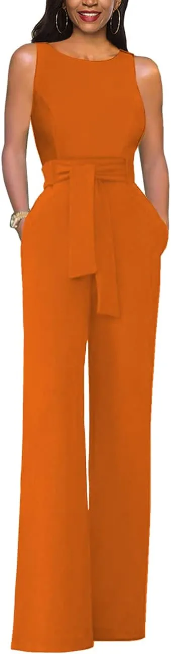 Womens Sleeveless Belted High Waist Wide Leg Jumpsuits with Pockets