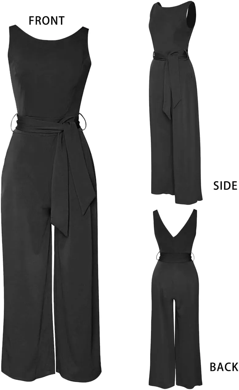 Womens Sleeveless Belted High Waist Wide Leg Jumpsuits with Pockets
