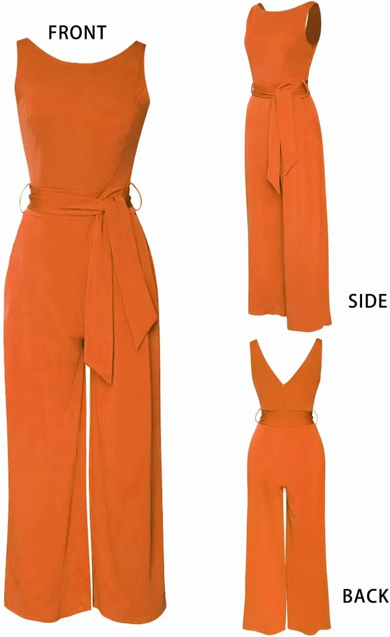 Womens Sleeveless Belted High Waist Wide Leg Jumpsuits with Pockets