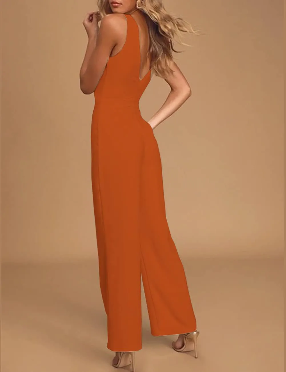 Womens Sleeveless Belted High Waist Wide Leg Jumpsuits with Pockets