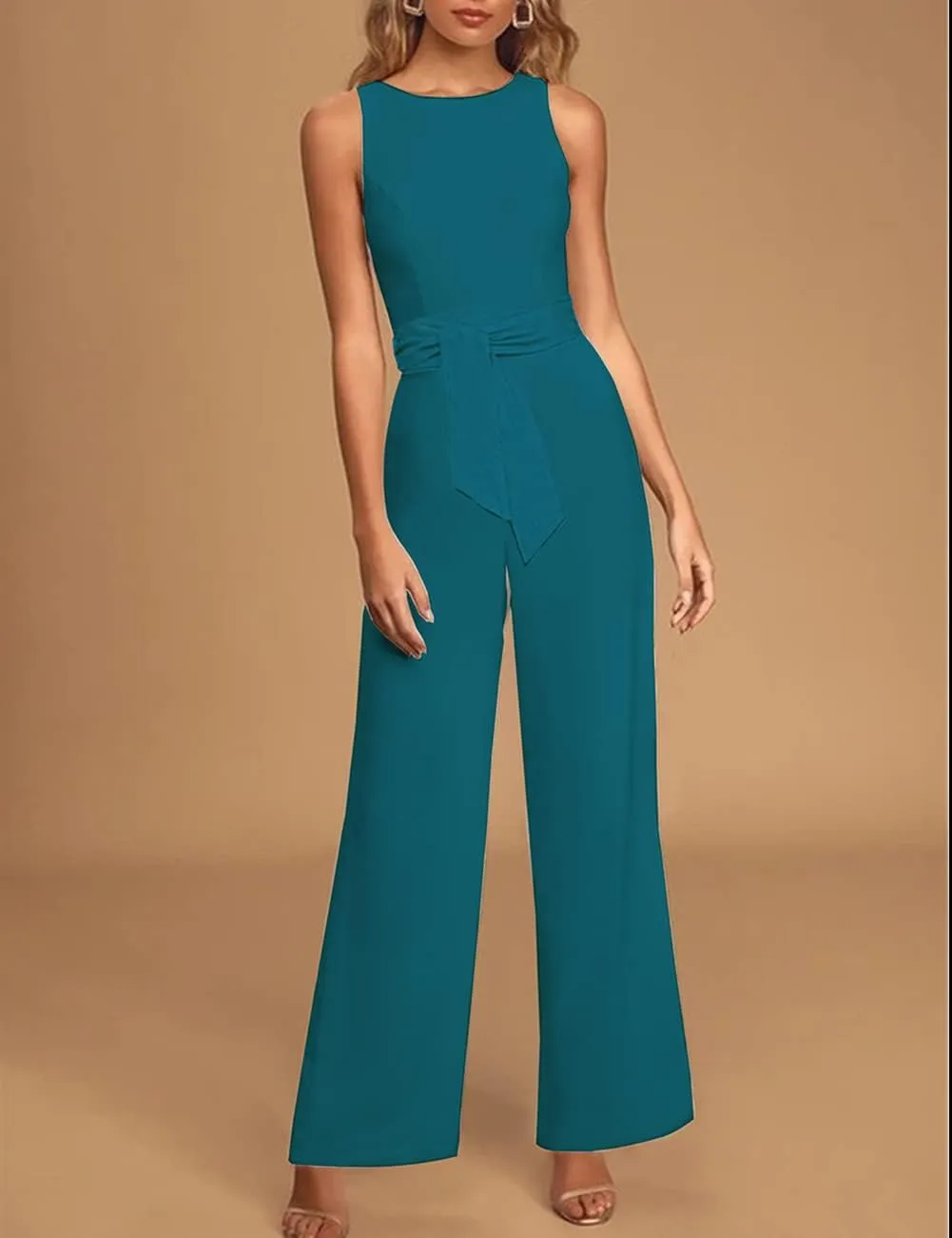 Womens Sleeveless Belted High Waist Wide Leg Jumpsuits with Pockets