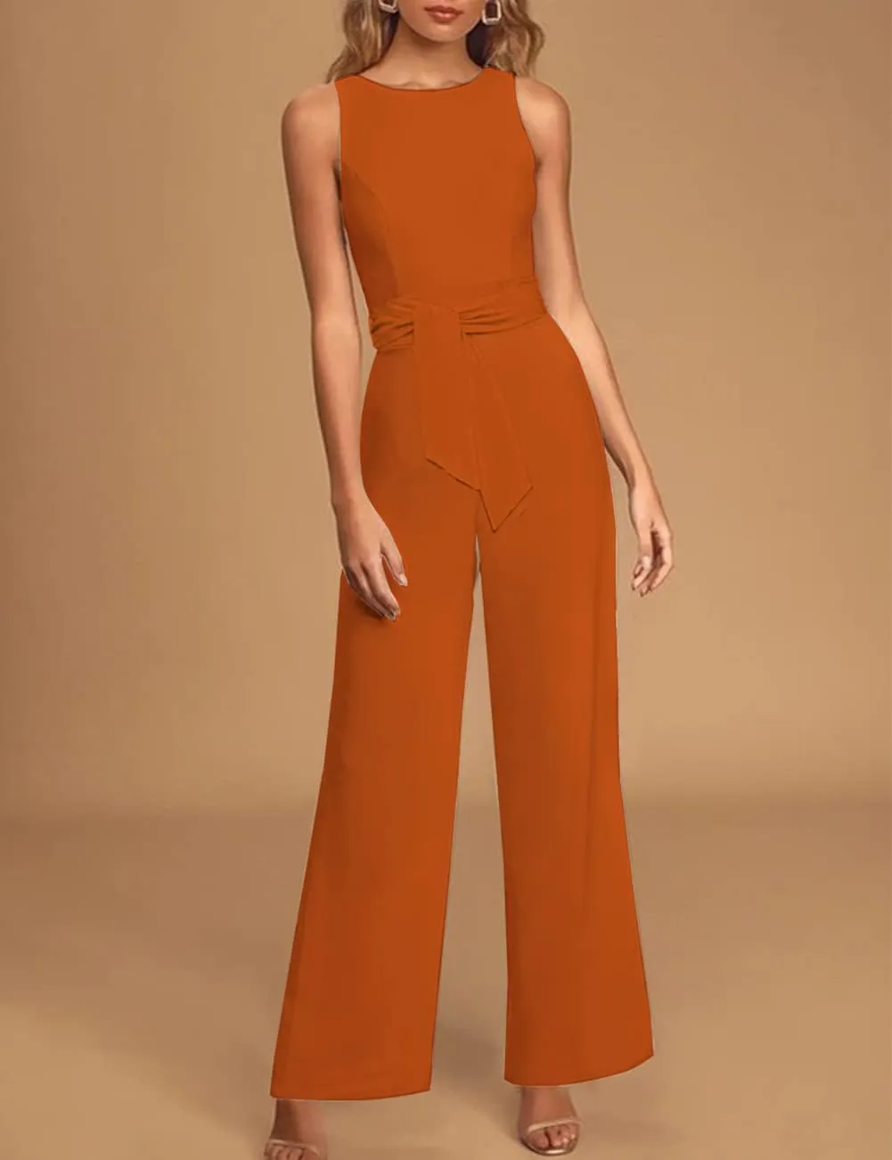 Womens Sleeveless Belted High Waist Wide Leg Jumpsuits with Pockets