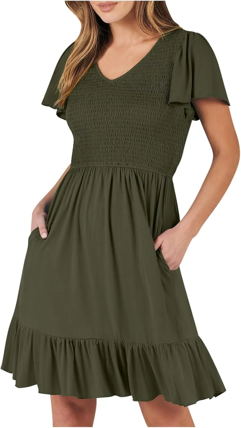 Womens Smocked Short Sleeve V Neck Mini Dress 2024 Summer Casual Ruffle Swing Hem Beach Vacation Dress with Pockets