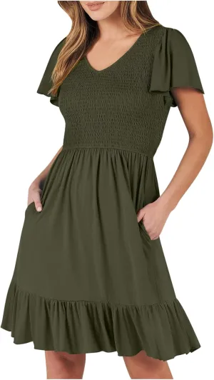 Womens Smocked Short Sleeve V Neck Mini Dress 2024 Summer Casual Ruffle Swing Hem Beach Vacation Dress with Pockets