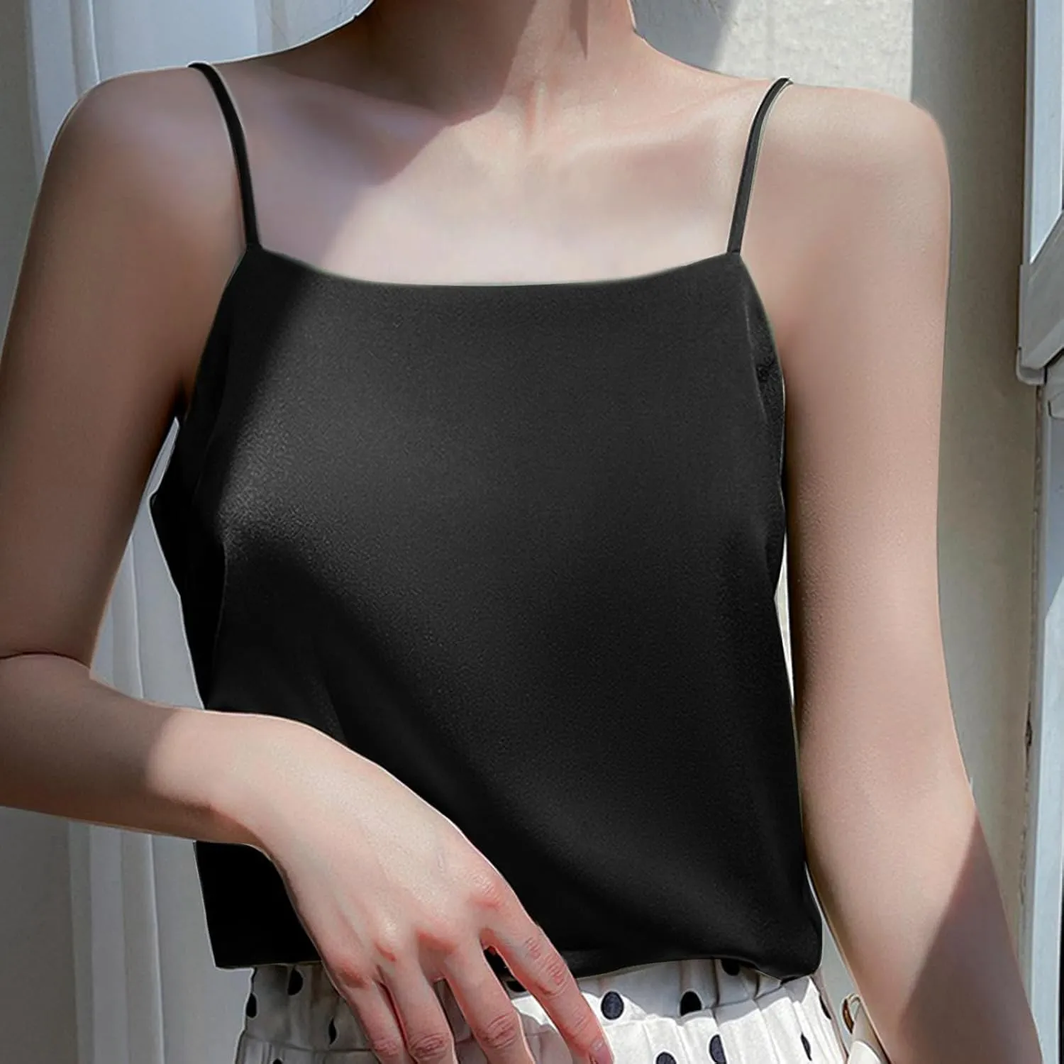 Women's Spaghetti Straps Square Neck Satin Camisole Cowl Neck Cami Top Tank Top Silk Camisole Sleeveless Blouses