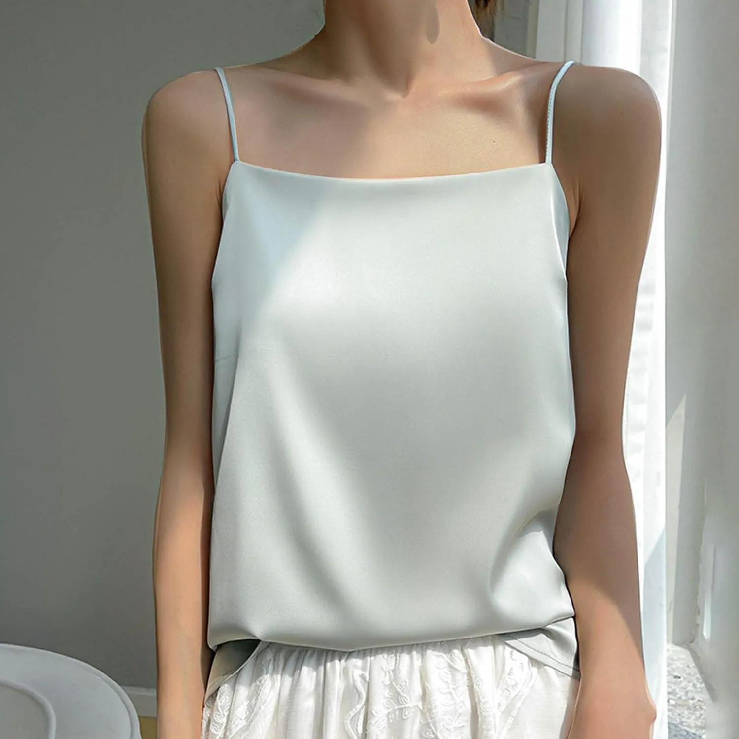 Women's Spaghetti Straps Square Neck Satin Camisole Cowl Neck Cami Top Tank Top Silk Camisole Sleeveless Blouses