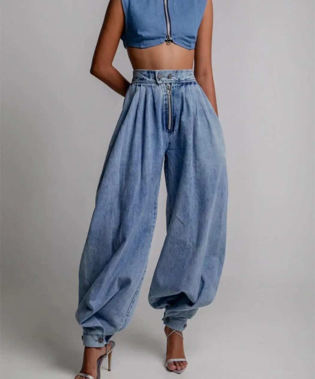 Womens Spring High Waist Jeans Zipper Denim Loose Harem Vintage Balloon Casual Essential Jeans