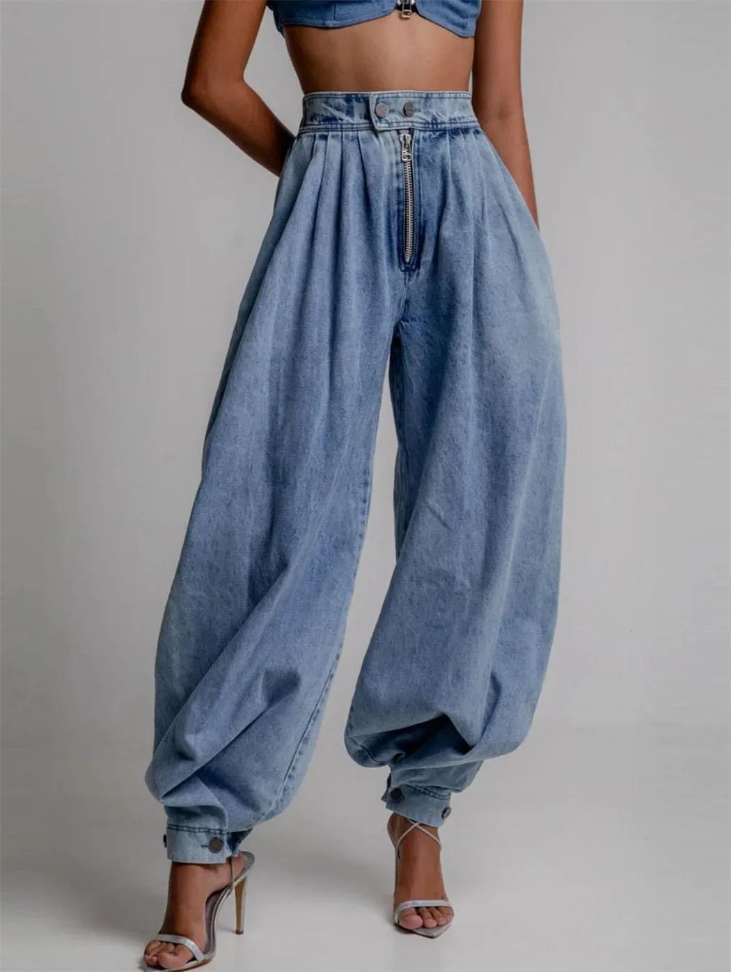 Womens Spring High Waist Jeans Zipper Denim Loose Harem Vintage Balloon Casual Essential Jeans