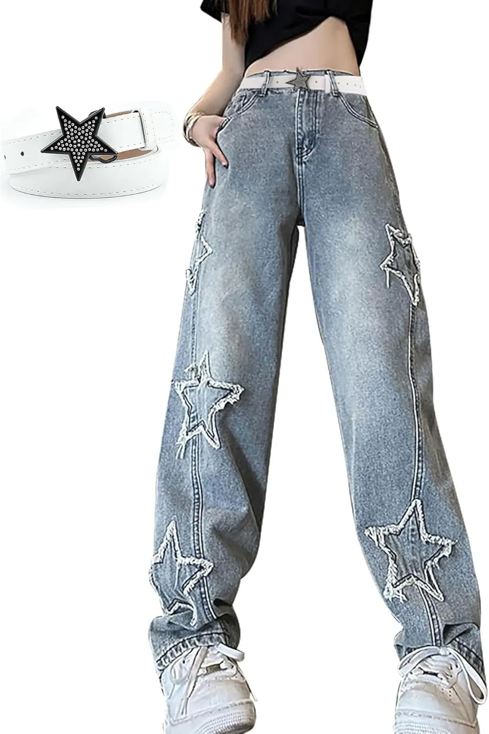 Womens Star Jeans Baggy Cargo Jeans Vintage Casual Y2K Outfits Straight Leg Denim with Pocket