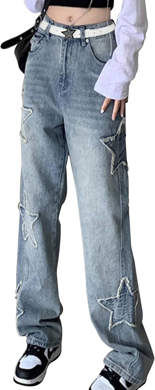 Womens Star Jeans Baggy Cargo Jeans Vintage Casual Y2K Outfits Straight Leg Denim with Pocket