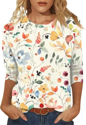 Womens Summer 3/4 Sleeve Tops 2025 Floral Print Round Neck Shirts Loose Fit Three Quarter Sleeve Tshirts