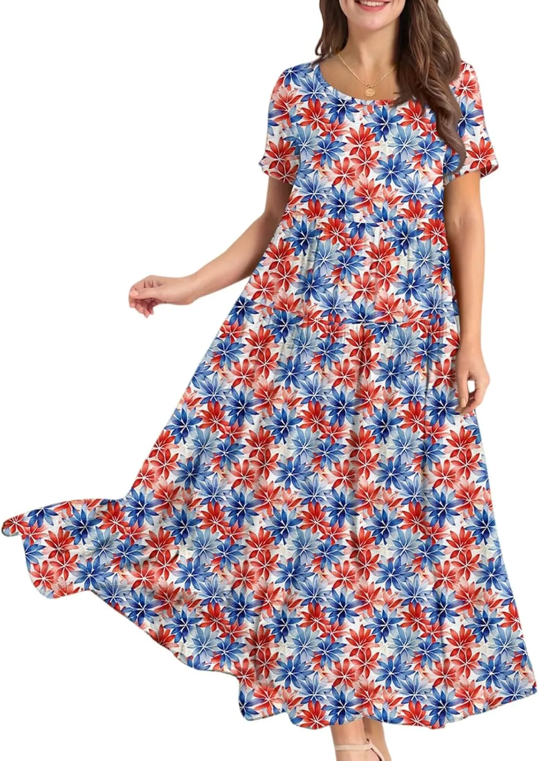 Women's Summer Bohemian Floral Pattern A Line Short Sleeve High Neck Strapless Pleated Swing Vacation Midi Dresses