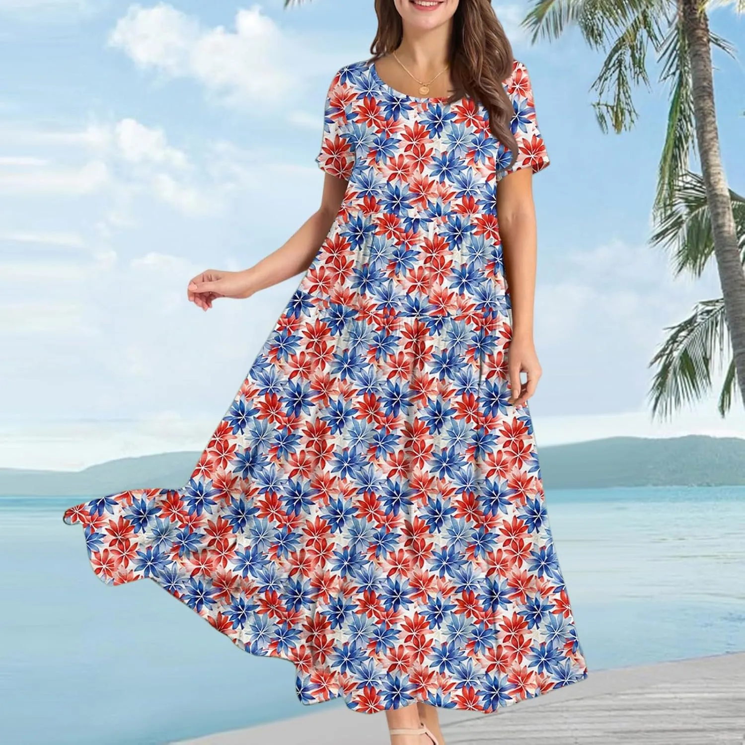 Women's Summer Bohemian Floral Pattern A Line Short Sleeve High Neck Strapless Pleated Swing Vacation Midi Dresses