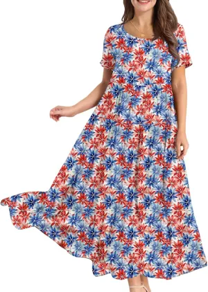 Women's Summer Bohemian Floral Pattern A Line Short Sleeve High Neck Strapless Pleated Swing Vacation Midi Dresses
