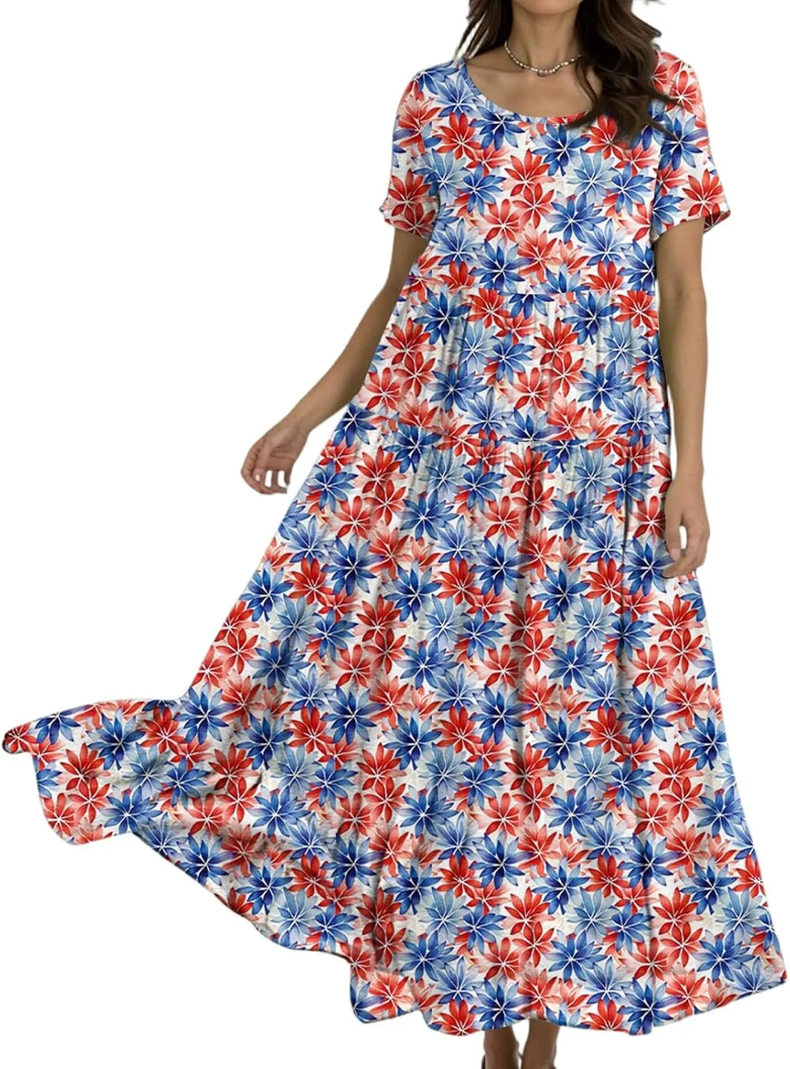 Women's Summer Bohemian Floral Pattern A Line Short Sleeve High Neck Strapless Pleated Swing Vacation Midi Dresses