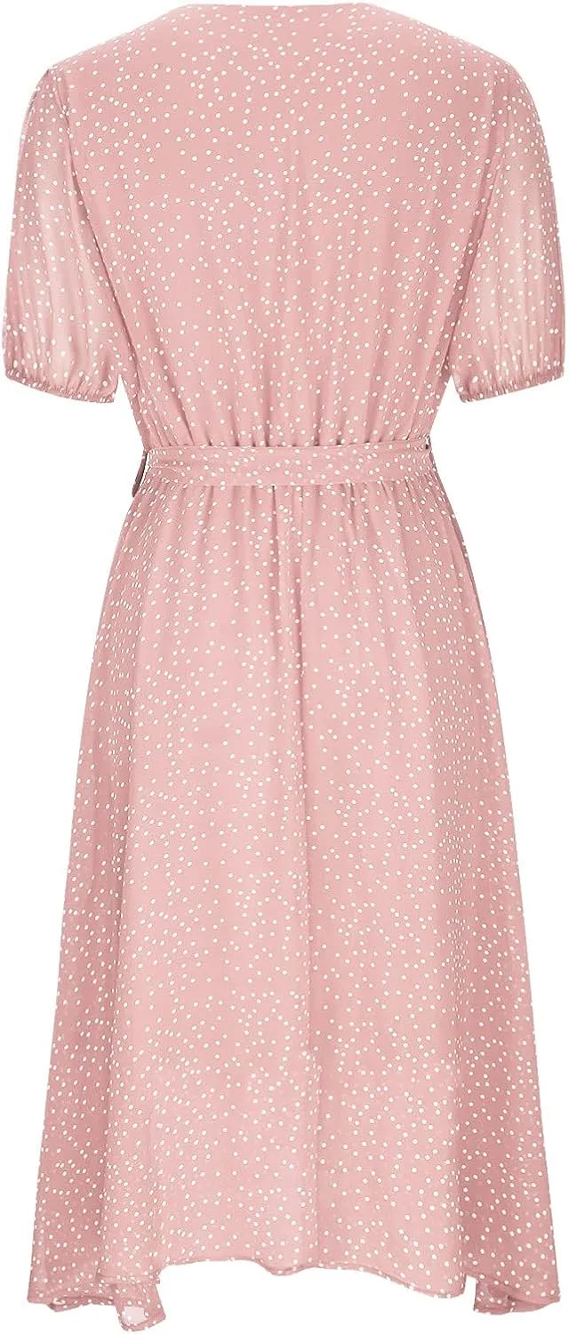 Womens Summer Casual Boho Print Dress Short Sleeve Loose Dress Tiered Flowy Long Dress Vacation Long Dress