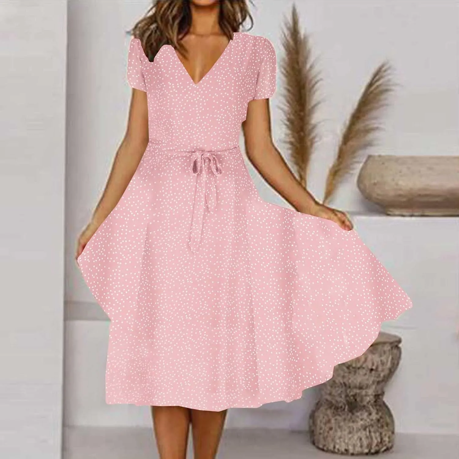 Womens Summer Casual Boho Print Dress Short Sleeve Loose Dress Tiered Flowy Long Dress Vacation Long Dress