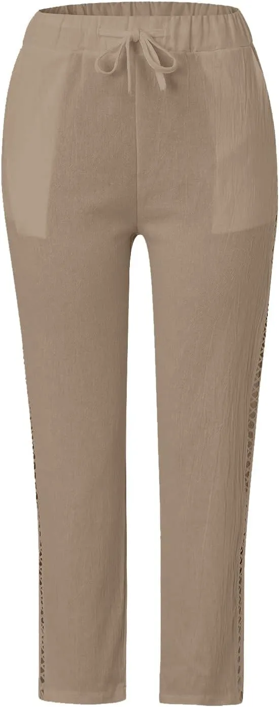 Women's Summer Casual Linen Pants Capris Drawstring Elastic High Waist Cotton Linen Cropped Trousers with Pockets