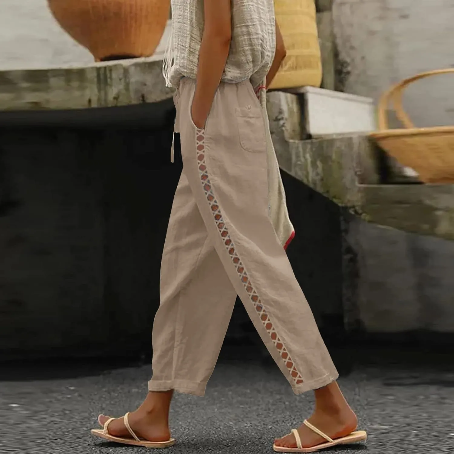 Women's Summer Casual Linen Pants Capris Drawstring Elastic High Waist Cotton Linen Cropped Trousers with Pockets